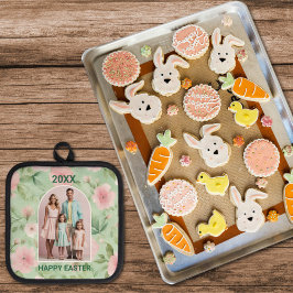 イースターカスタムフォトパステルピンク&グリーン花模様 鍋敷き