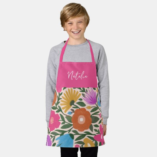イースターカラフルはっきりした花模様 |春キッズエプロン エプロン (着用した状態)