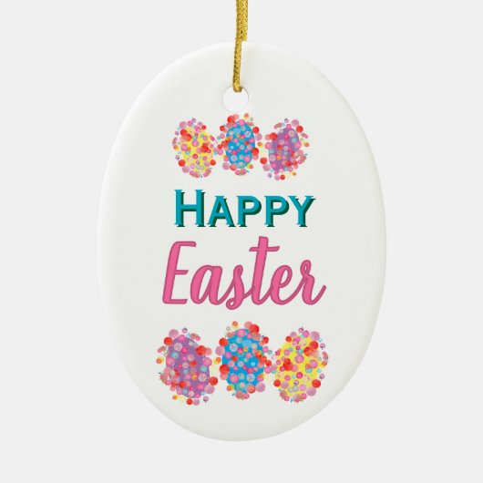 イースターカラフルエッグの水色ブロッツハッピーイースター セラミックオーナメント (正面)