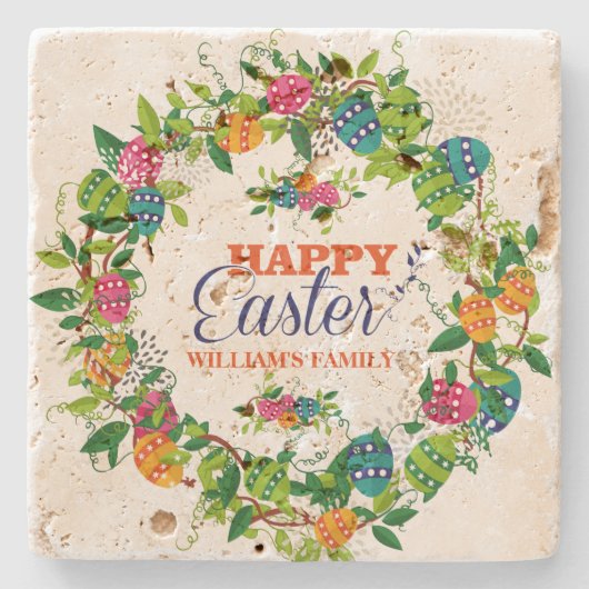 イースターカラフルエッグリースハッピーイースター ストーンコースター (正面)