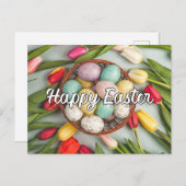 イースターカラフルエッグ&チューリップ花コラージュ ポストカード (正面/裏面)