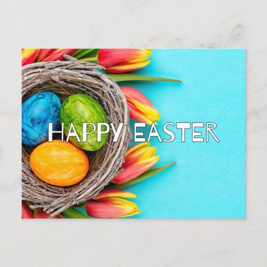イースターカラフルエッグ&チューリップ花 ポストカード (正面)
