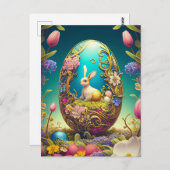 イースターカラフルエッグ、バニーと春の花 ポストカード (正面/裏面)