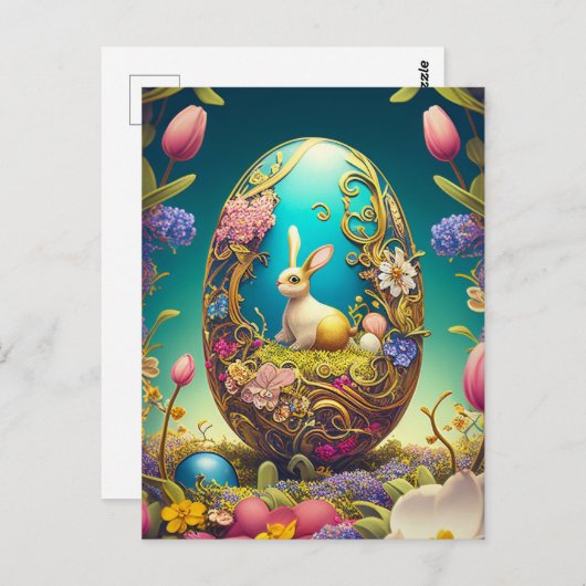 イースターカラフルエッグ、バニーと春の花 ポストカード (正面/裏面)