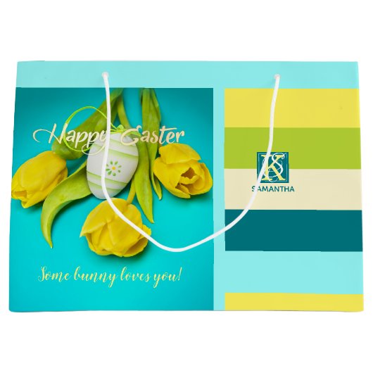 イースターカラフルストライプフォトモノグラム ラージペーパーバッグ (正面)