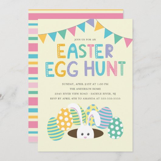 イースターカラフルバニーイースターエッグ狩りパーティー 招待状 (正面/裏面)
