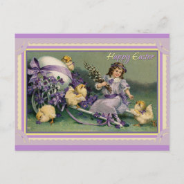 イースターカワイイヴィンテージチックガールパープルフローラ ポストカード