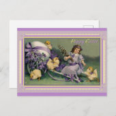 イースターカワイイヴィンテージチックガールパープルフローラ ポストカード (正面/裏面)