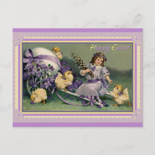 イースターカワイイヴィンテージチックガールパープルフローラ ポストカード (正面)