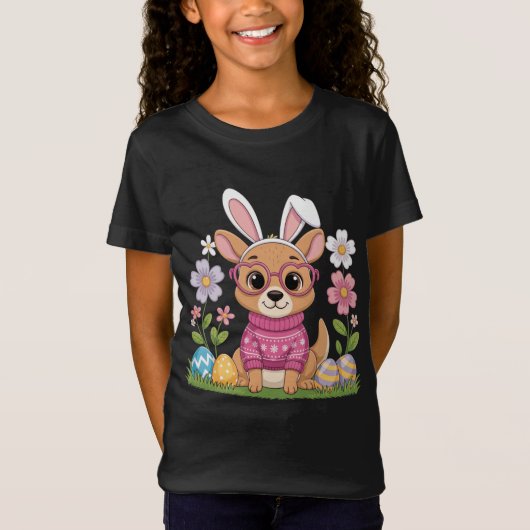 イースターカンガルーエッグハントデザインと花 Tシャツ (正面)