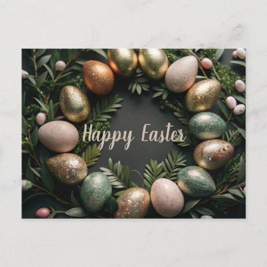 イースターカードと金ゴールドと緑の卵ホリデーカード シーズンポストカード (正面)