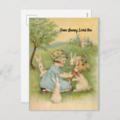 イースターカード、白いバンニの小さな女の子 シーズンポストカード (正面/裏面)