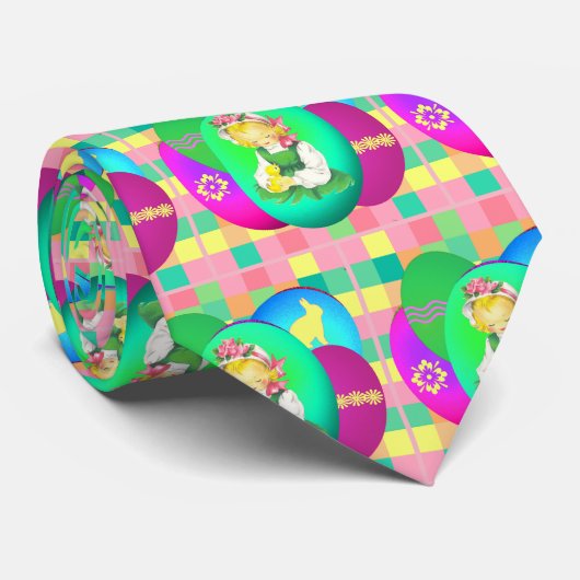 イースターガールイースターシックとイースターエッグプレイド ネクタイ (ロール)