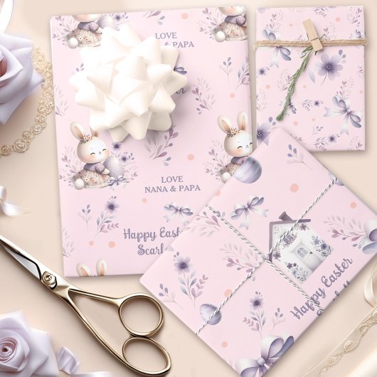 イースターガールパーソナライズされたバニー名ピンクパープル ラッピングペーパーシート