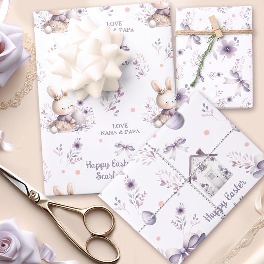 イースターガールパーソナライズされたバニー名紫 ラッピングペーパーシート