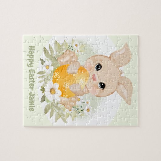 イースターキュートなバニー黄色の卵パーソナライズされたの名前 ジグソーパズル (横)