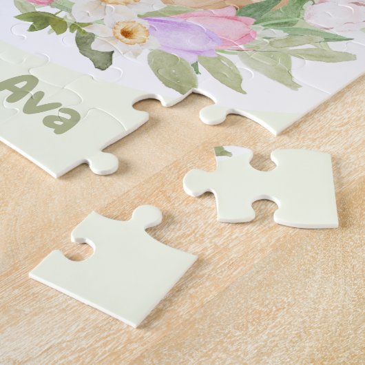 イースターキュートバニーピンクパープルエッグ名前をカスタムする ジグソーパズル (側面)