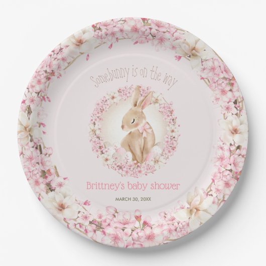 イースターキュートバニー春ピンクガール赤ちゃんシャワー ペーパープレート (正面)