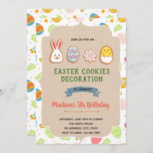 イースタークッキーの装飾誕生日招待状 招待状 (正面/裏面)