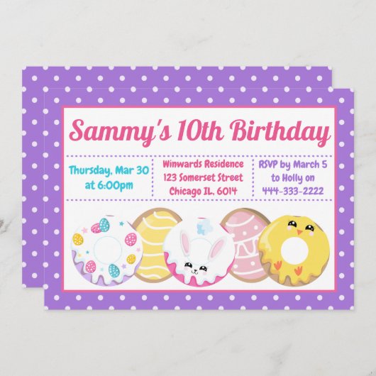 イースタークッキードーナツとスイーツバースデーパーティー 招待状 (正面/裏面)