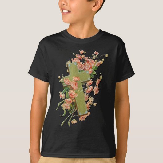 イースタークロスとピンクの花ブラックシャユニセックスツ Tシャツ (正面)