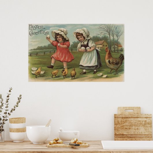 イースターグリーティングリトルガールズホールディングエッグ ポスター (キッチン)