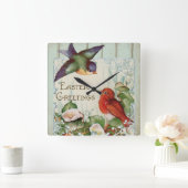 イースターグリーティングヴィンテージレトロソンバード スクエア壁時計 (ホーム)