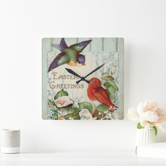 イースターグリーティングヴィンテージレトロソンバード スクエア壁時計 (ホーム)