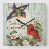 イースターグリーティングヴィンテージレトロソンバード スクエア壁時計 (正面)