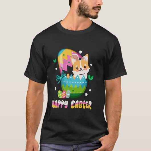 イースターコーギーのウサギの耳のイースターエッグTシャツ Tシャツ (正面)
