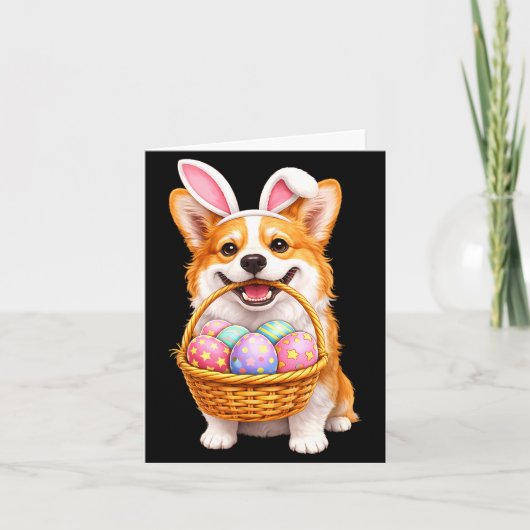 イースターコーギーの犬ウサギかわいいイースターエッグバスケット カード (正面)