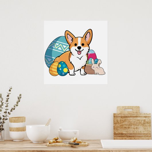 イースターコーギ犬かわいい漫画スタイルイースターエッグ, B ポスター (キッチン)
