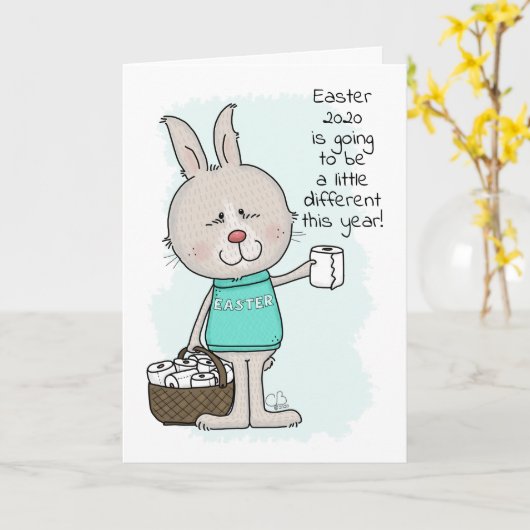 イースターコーヴィッド19 – イースターバニーとトイレ紙 カード (黄色い花)