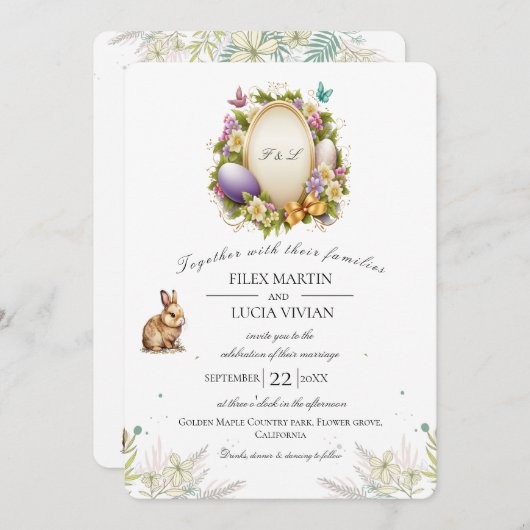 イースターサンプルミニフローラウサギと卵結婚の 招待状 (正面/裏面)