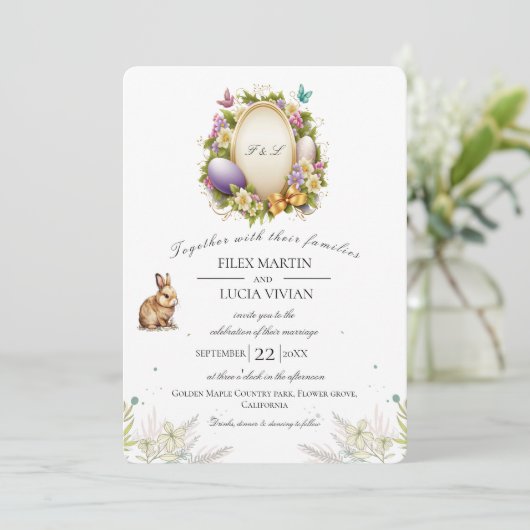 イースターサンプルミニフローラウサギと卵結婚の 招待状 (スタンド正面)
