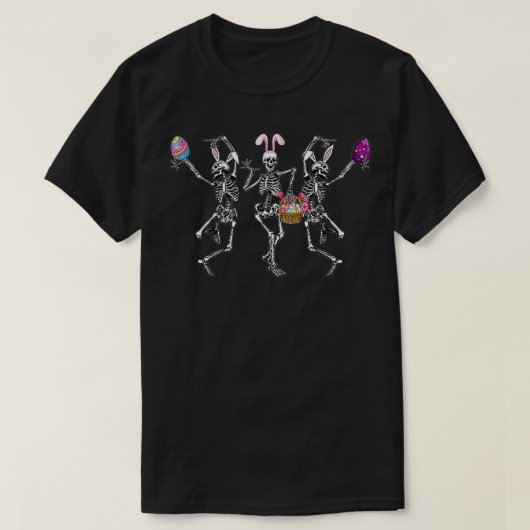 イースタースケルトン踊りおもしろい、イースター、かわいいスケレット Tシャツ (デザイン正面)