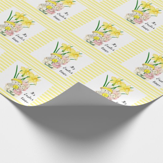 イースタータイムダッフォディルフラワーとヴィンテージバニー ラッピングペーパー (角)