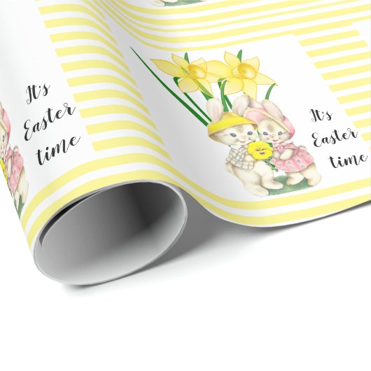 イースタータイムダッフォディルフラワーとヴィンテージバニー ラッピングペーパー (ロールコーナー)