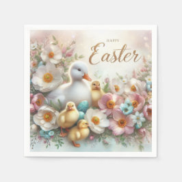 イースターダック、アヒルと花 スタンダードカクテルナプキン