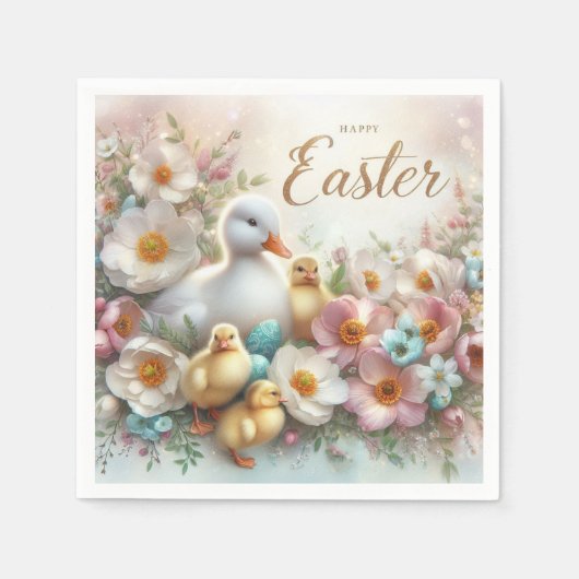 イースターダック、アヒルと花 スタンダードカクテルナプキン (正面)
