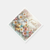 イースターダック、アヒルと花 スタンダードカクテルナプキン (角)