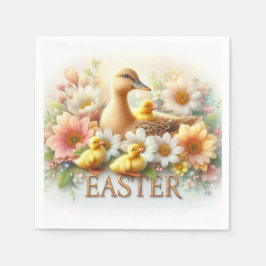 イースターダック、アヒルと花 スタンダードカクテルナプキン