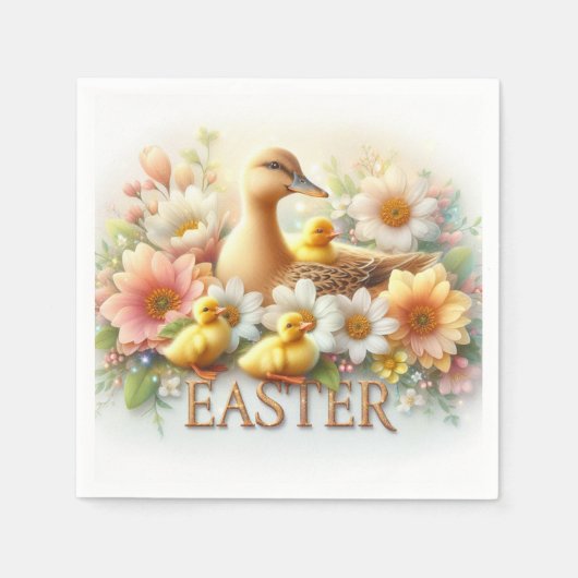 イースターダック、アヒルと花 スタンダードカクテルナプキン (正面)