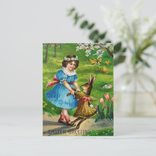 イースターダンスのビクトリア時代の人によって服を着せられるバニー及び女の子 シーズンポストカード (スタンド正面)