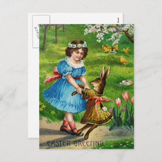 イースターダンスのビクトリア時代の人によって服を着せられるバニー及び女の子 シーズンポストカード (正面/裏面)