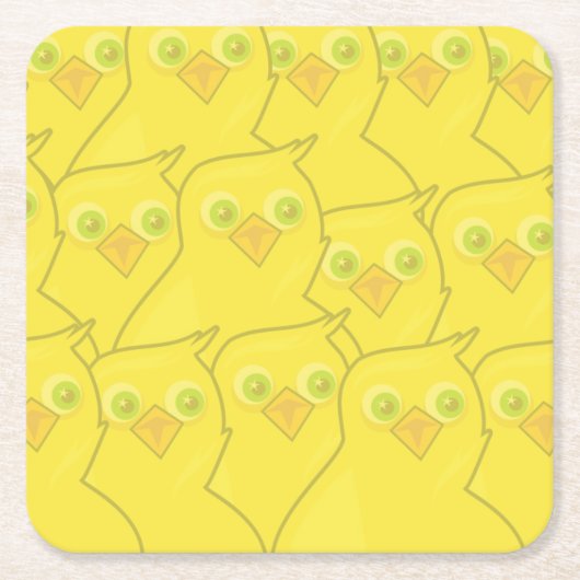 イースターチキンズ明るい黄色の漫画パターン スクエアペーパーコースター (正面)