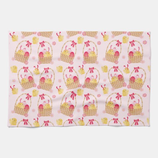 イースターチックパターンピンク キッチンタオル (横)