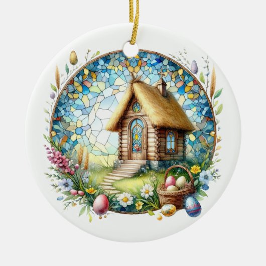 イースターチニーログチャーチエッグステンドグラス花 セラミックオーナメント (正面)