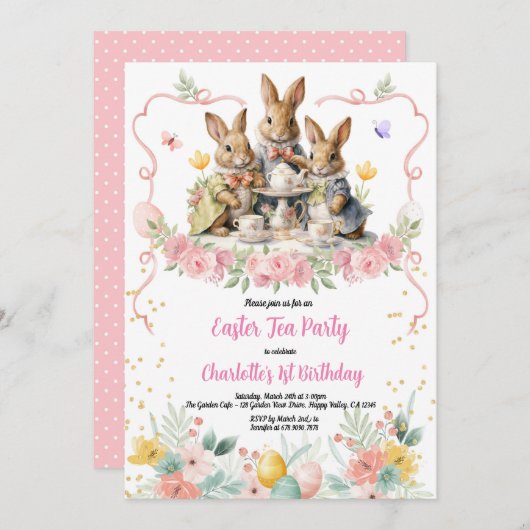 イースターティーガール誕生日パーティバニー招待状。 招待状 (正面/裏面)
