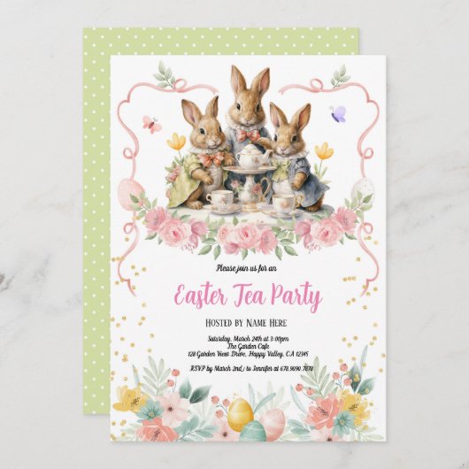 イースターティーパーティーの招待状. かわいい水彩画のウサギ 招待状 (正面/裏面)